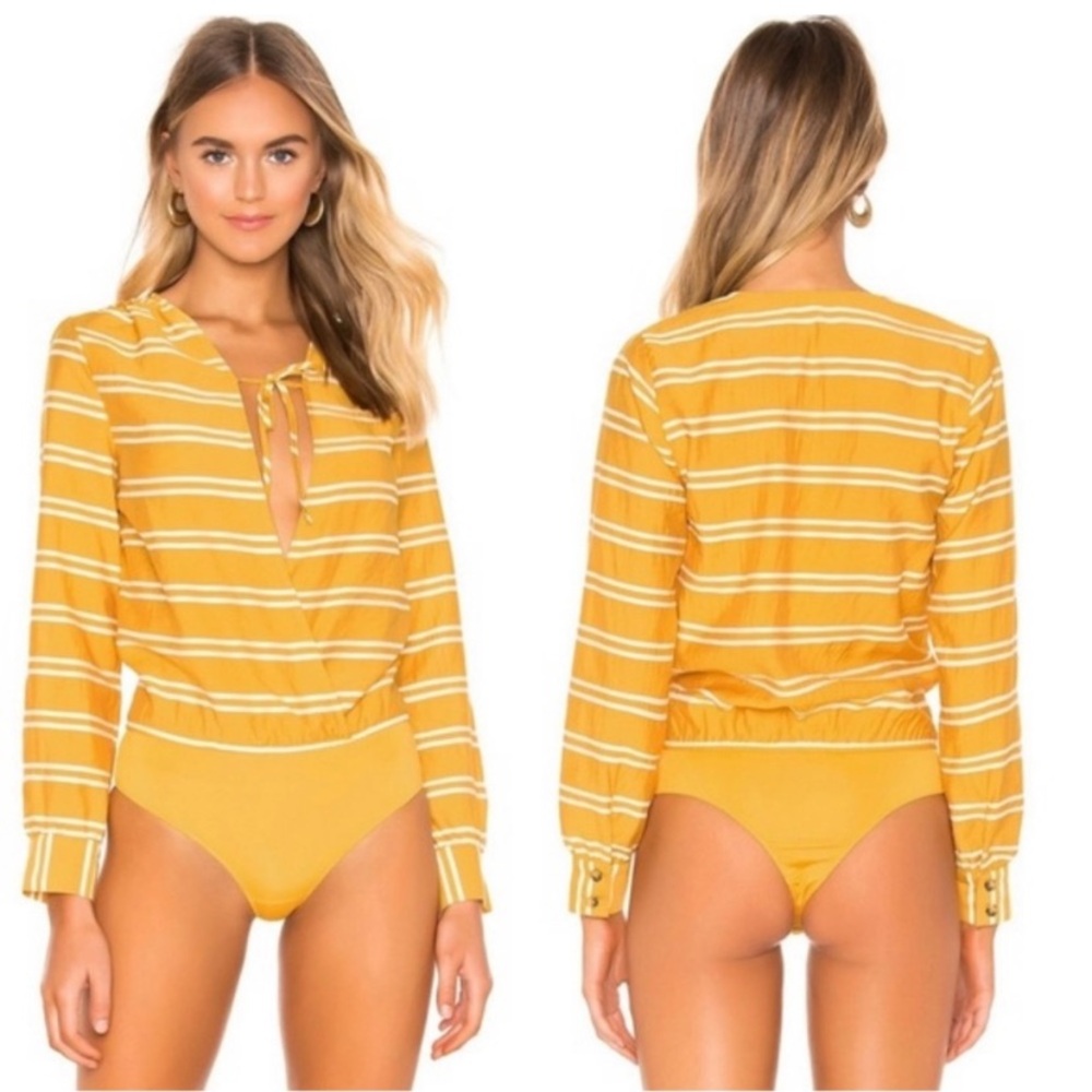 NWT Tularosa Golden Yellow And White Stripe Long Sleeve Bodysuit Size XS